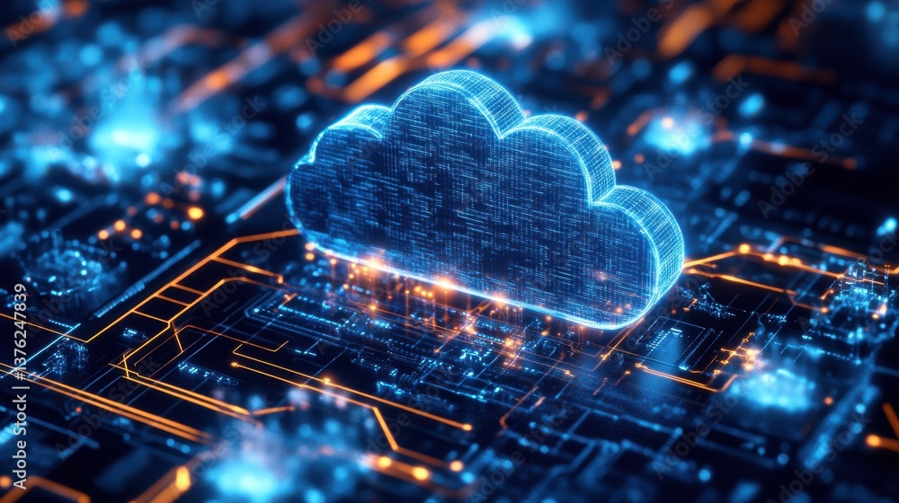 Poster a digital representation of a cloud over a circuit board, symbolizing cloud computing and technology