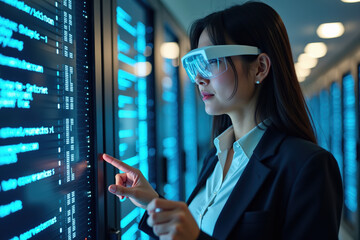 An Asian businesswoman in her 30s wears smart glasses while interacting with a holographic display in a modern data center, demonstrating advanced technology and innovation