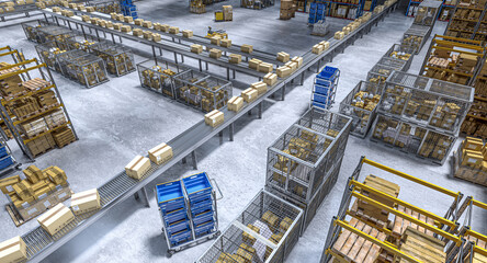 Cardboard boxes are moving on a conveyor belt inside a distribution warehouse, symbolizing...