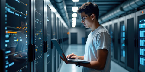 A young Asian man in glasses works intently on a laptop in a modern data center surrounded by server racks and ambient lighting