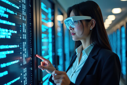 An Asian businesswoman in her 30s wears smart glasses while interacting with a holographic display in a modern data center, demonstrating advanced technology and innovation