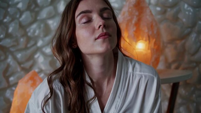 Woman with closed eyes in atmospheric candlelight spiritual portrait