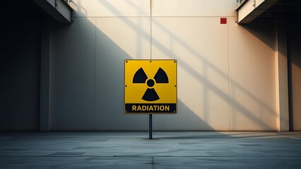 Radiation hazard warning sign on yellow background in an industrial interior setting  