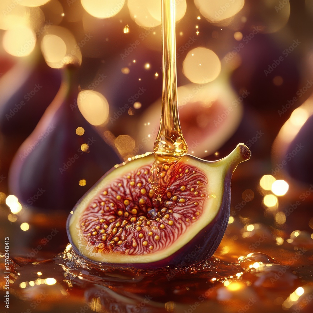 Poster a sliced fig drips with golden syrup, creating a visually enticing scene filled with warm bokeh ligh