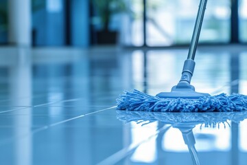 a close-up shot of a blue mop cleaning a glossy floor, highlighting reflections and cleanliness
