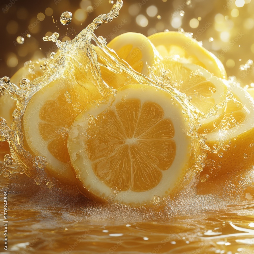 Poster fresh lemon slices splash in water, creating a vibrant scene with sparkling droplets and a golden gl