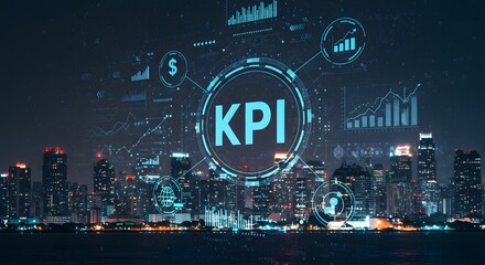 Naklejka premium Understanding Kpi Key Performance Indicators with Cityscape Background Data Visualization