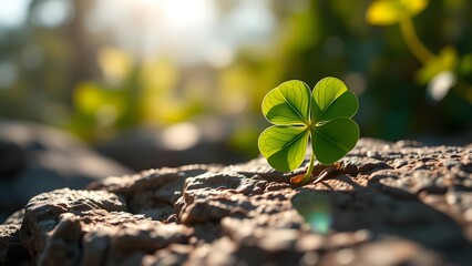 Four-leaf clover in sunlight on textured wood, symbol of luck and hope 