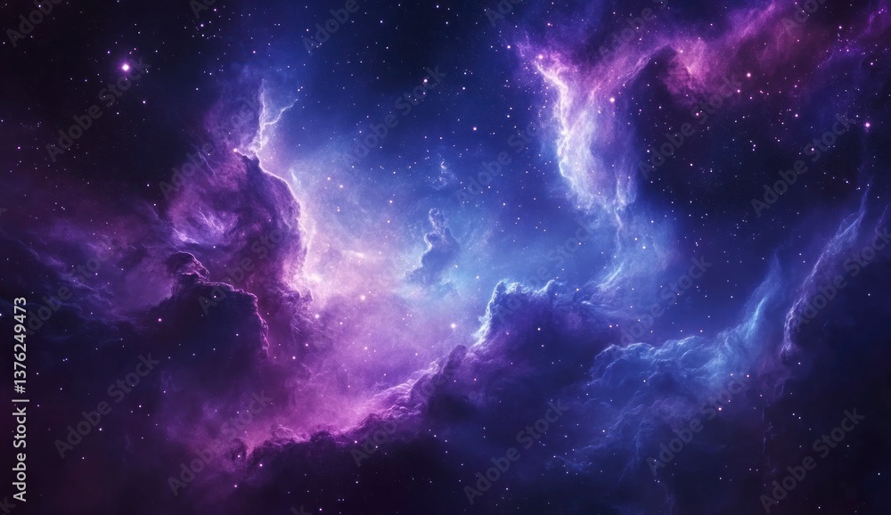 Poster exploring a vibrant nebula landscape in deep space with sparkling stars