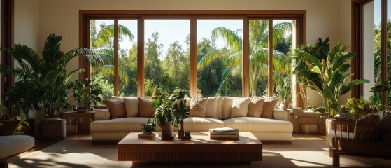 Bright sun-drenched living room featu a large window showcasing lush tropical foliage, a cream sectional sofa, and abundant indoor potted plants