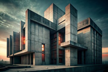 A Brutalist masterpiece silhouetted against a dramatic sunset, its imposing concrete form casting long shadows, showcasing raw architectural power and geometric precision.