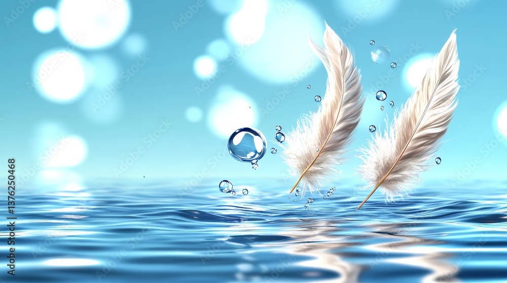 Poster serene feathers on water - two white feathers gently float on calm blue water, surrounded by sparkli