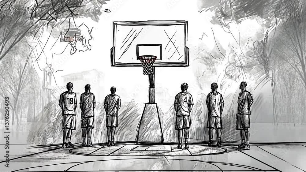 Poster basketball players preparing for game in animated drawing style generative ai