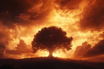 Gardinen Dramatic sunset illuminating a solitary tree against a vibrant sky in a serene landscape © YouraPechkin