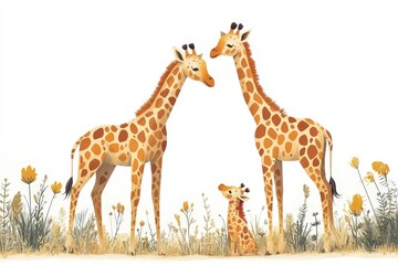 Obraz premium Playful giraffes interacting in a serene natural landscape with whimsical pastel flowers surrounding them
