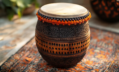 Close-up of a Punjabi dhol drum with intricate wood carvings and bright orange fabric, placed on a vintage carpet. Concept for celebrating Baisakhi (Vaisakhi)
