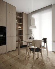 Modern, white minimalist interior with kitchen, sofa, wood floor, wall panels and marble kitchen island. 3d render illustration mock up.