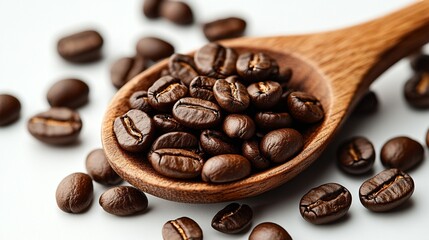 Fototapeta premium coffee beans in wooden spoon on solid background 
