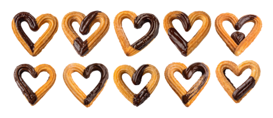 set of heart-shaped churros dipped in rich dark chocolate, isolated on a transparent white background. Perfect PNG cutout for graphic design, mockups, and creative artwork templates