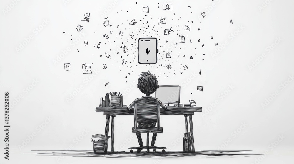 Poster a person sits at a desk, focused on a computer, surrounded by floating images and documents, symboli