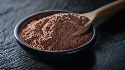 Scoop of Chocolate Protein Powder on Black Ceramic