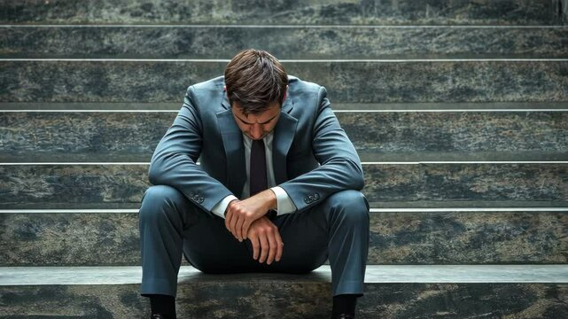 A depressed businessman sitting on stairs, afflicted by stress and overwork.