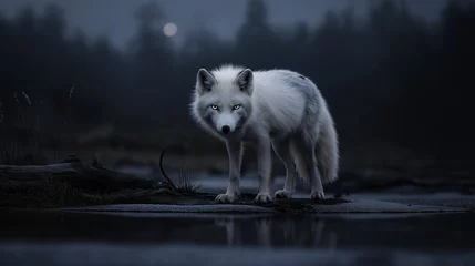 Arctic fox stands guard at a dark watering hole beneath the moonlight.