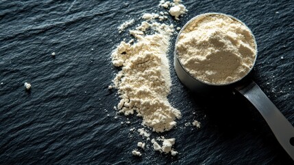 Scoop of Whey Protein Powder Resting on a Black Slab