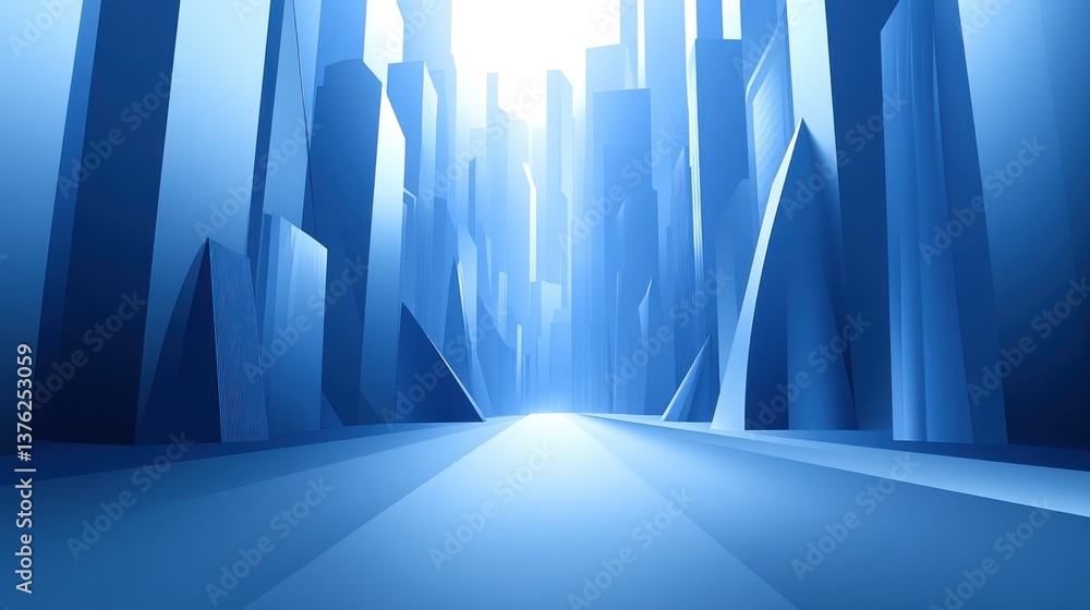 Poster a futuristic cityscape with sharp geometric structures illuminated by a soft blue light, creating a 