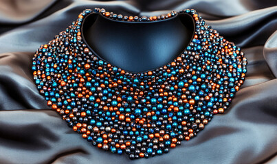 Fototapeta premium Exquisite handcrafted beaded necklace, showcasing a vibrant mix of blue, copper, and black pearls. The necklace rests on luxurious gray silk fabric, highlighting its intricate design and rich colors.