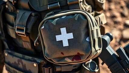 Camouflage military first aid pouch with white cross on tactical gear outdoors.  