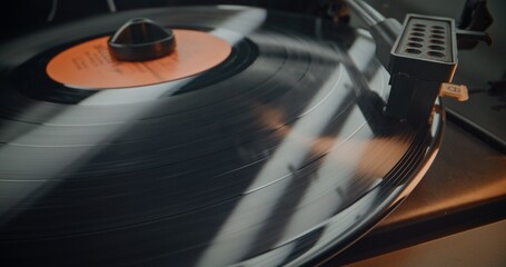 Vinyl Record Spinning On Vintage Turntable. Needle Gently Scratching Grooves, Playing Classic Music...