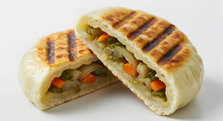 Delicious grilled vegetable manju on a white surface showcasing its tasty filling