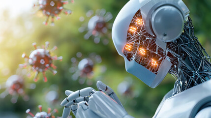 humanoid robot with transparent head displays glowing circuits, symbolizing advanced technology, while surrounded by floating virus particles, highlighting futuristic theme