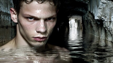 somber portrait of a person whose face blends with the reflection of water on a floor, evoking a feeling of sadness. person, portrait, water reflection, floor, sadness, double exposure, emotion, 