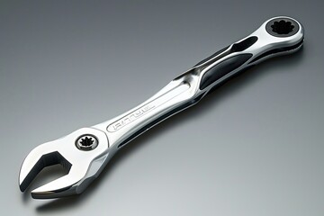 Obraz premium Detailed close-up of a sleek adjustable wrench on a smooth surface showcasing modern tool design and engineering precision