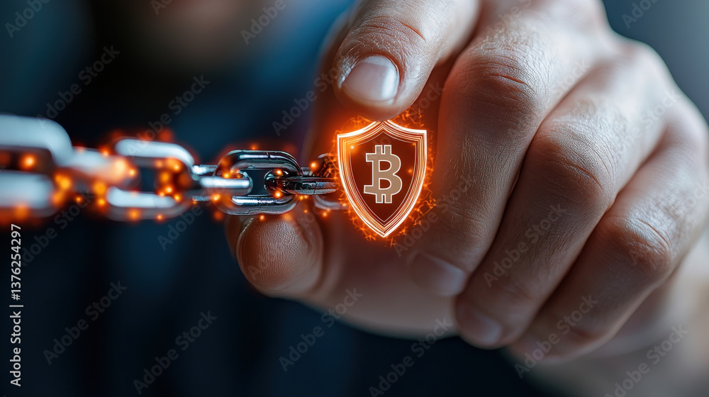 Leinwandbilder hand holding glowing blockchain chain link with shield icon featuring cryptocurrency symbol, represe