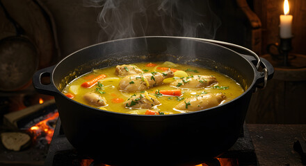 Rustic rabbit stew simmering in a cast iron pot over an open fire ambience