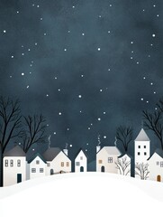 Naklejka premium Snowy Village Night Scene - Charming illustration of a quaint village covered in snow under a starry night sky. Perfect for winter holiday designs