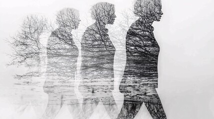 woman walks through a room with water covering the floor, her figure merging with the water&rsquo;s reflection. woman, walking, water-covered floor, double exposure, reflection, solitude, sadness, 