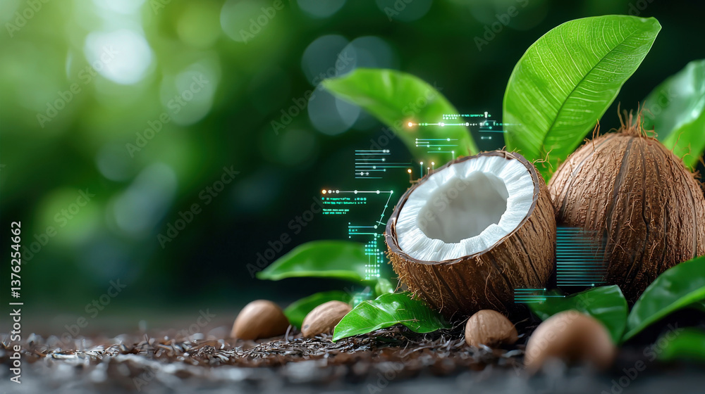 Poster coconut with glowing tech implants and circuits is surrounded by lush green leaves, blending nature 