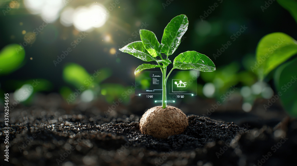 Aufkleber young plant with vibrant green leaves grows from cassava root embedded with tech sensors, illuminate