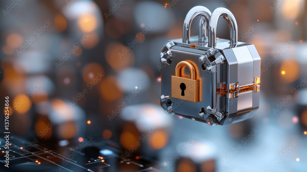 Poster futuristic 3D cyber vault with padlock symbolizes blockchain security, featuring floating ledger blocks in digital environment. scene conveys sense of advanced technology