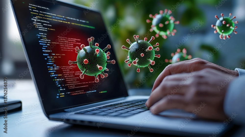 Aufkleber laptop screen displays code with red alert, symbolizing cyber threat, as digital virus icons float around. person hands are typing, indicating cybersecurity breach