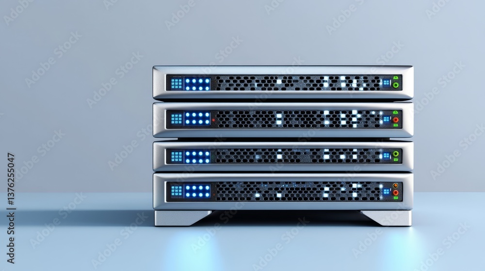 Aufkleber stack of modern data servers - four modern data servers stacked neatly on a light blue surface, show