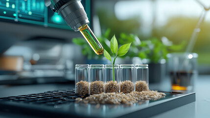laboratory setting features test tubes filled with rice and growing plant, symbolizing agricultural research. pipette adds liquid, highlighting scientific innovation and sustainability
