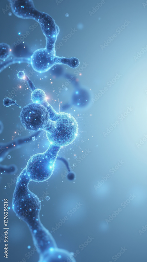 Poster a close-up view of a glp1 molecule with its detailed atomic structure highlighted by blue and white 
