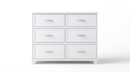 Fototapeta premium White Six Drawer Wooden Dresser on White Background