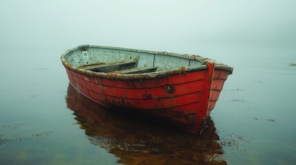 Obraz premium Old red boat rests quietly in foggy waters at dawn near a serene lakeside