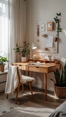 Minimal wooden desk with cozy home office decor and natural light